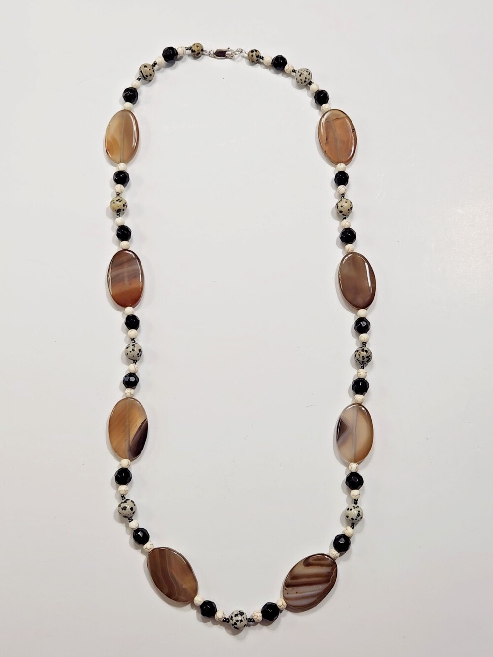 Artisan Natural Stone Necklace Banded Agate Dalmatian Jasper Black Onyx Silver